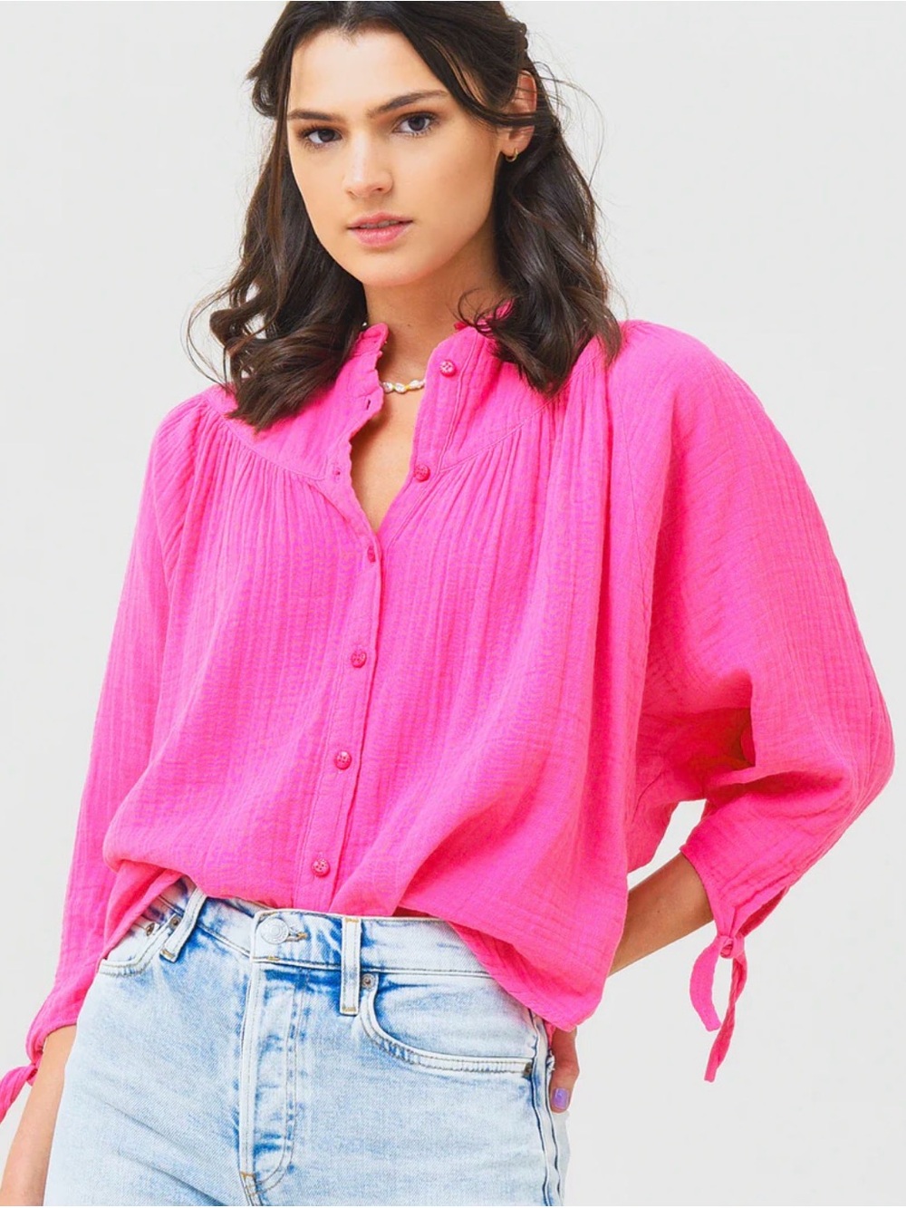 Pink Gauze Button-Front Women's Top